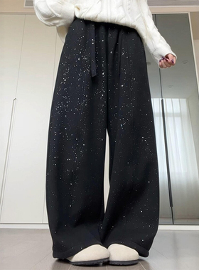 黑色细闪亮片弯刀裤女大码慵懒风镰刀运动休闲烫钻独特设计感裤子