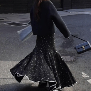 黑色波点鱼尾裙大码 女梨形伯克利重工半身裙秋冬小香风长裙到脚踝
