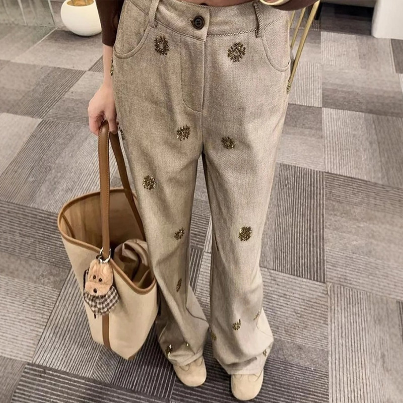 重工印花烫钻卡其色老钱风裤子女胖mm大码显瘦直筒时尚洋气阔腿裤,女装/女士精品,大码裤装,淘宝优惠券,粉丝福利购,淘宝优惠卷