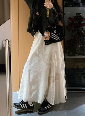 白色不规则蕾丝压褶a字半身长裙大码女装胖mm秋冬梨形伯克利裙子