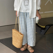 女春季 阔腿休闲大码 云朵灯笼裤 九分蓝色格子气球裤 小个子显高裤 子