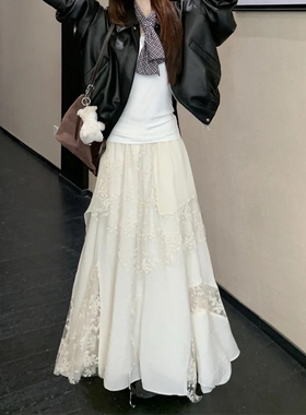 不规则蕾丝拼接白色半身裙女春季大码重工伯克利镂空网纱蛋糕长裙