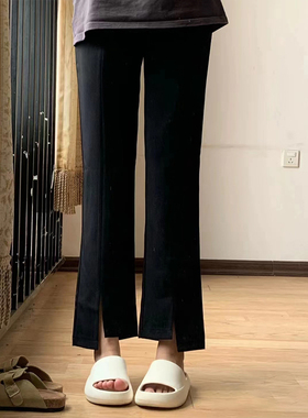 大码微胖九分秋季休闲显瘦裤子女小个子黑色设计感小众开衩西装裤