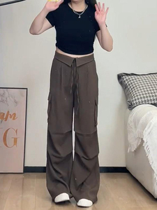 大码胖mm梨型身材棕色休闲百搭遮肚子遮胯显瘦翻边阔腿西装工装裤