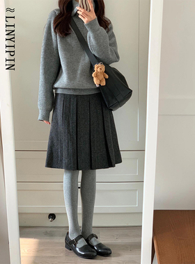 格雷系灰色毛呢中裙大码到膝盖半身裙女胖mm显瘦小个子a字百褶裙
