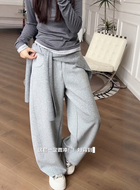 格雷系灰色弯刀阔腿裤子女春季胖mm大码显瘦休闲香蕉运动镰刀卫裤