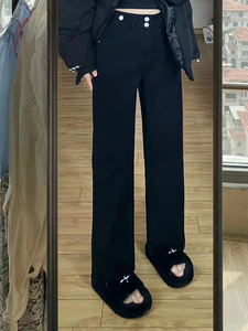 黑色高腰阔腿牛仔裤女秋冬胖mm穿搭梨形身材大码女装显瘦直筒裤子