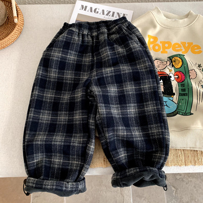 韩版童装男童加绒裤子冬季保暖2025新款儿童一体绒加厚格子工装裤