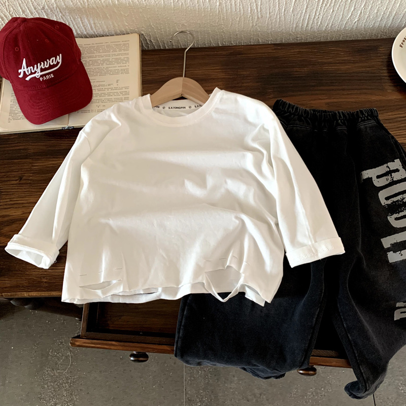 慕玥家新款秋装2025男童棉破洞卫衣中小童森系洋气圆领长袖上衣潮