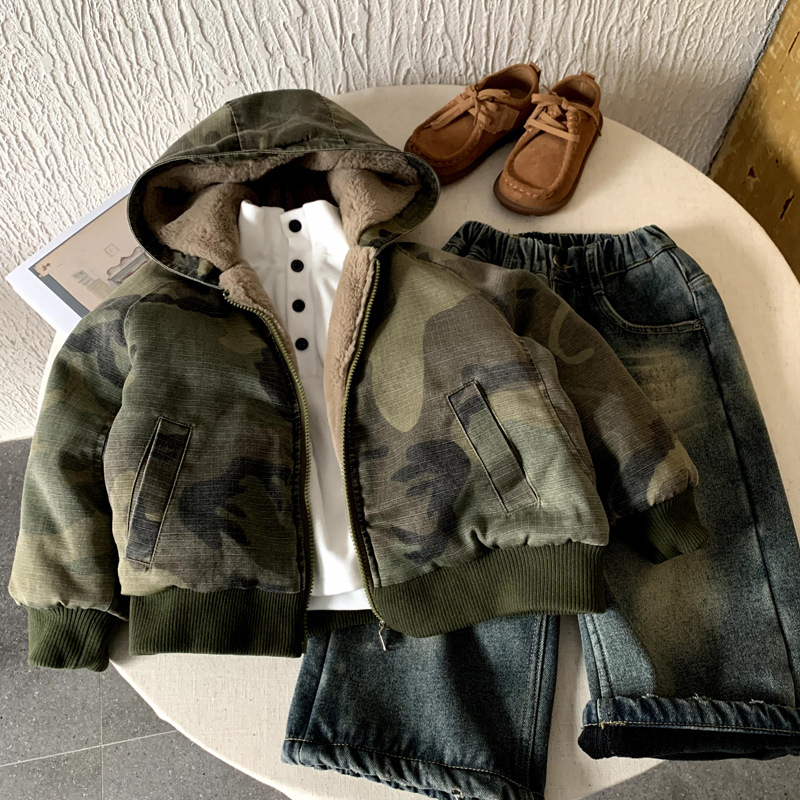男童冬装儿童加绒复古迷彩棉服潮牌女童加厚保暖连帽设计感棉衣潮
