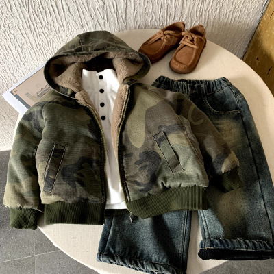 男童冬装儿童加绒复古迷彩棉服潮牌女童加厚保暖连帽设计感棉衣潮