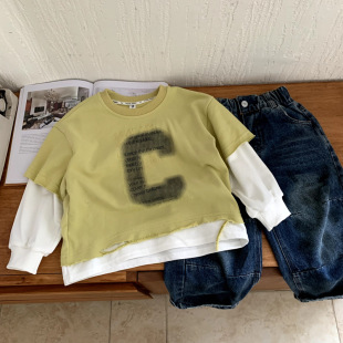 儿童装男童潮牌假两件卫衣春秋款2025新款中小童秋季女童百搭上衣