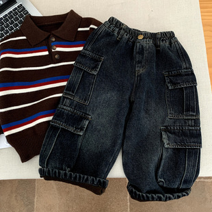 秋冬款 长裤 2023新款 潮酷保暖加厚冬装 男孩儿童工装 男童加绒牛仔裤