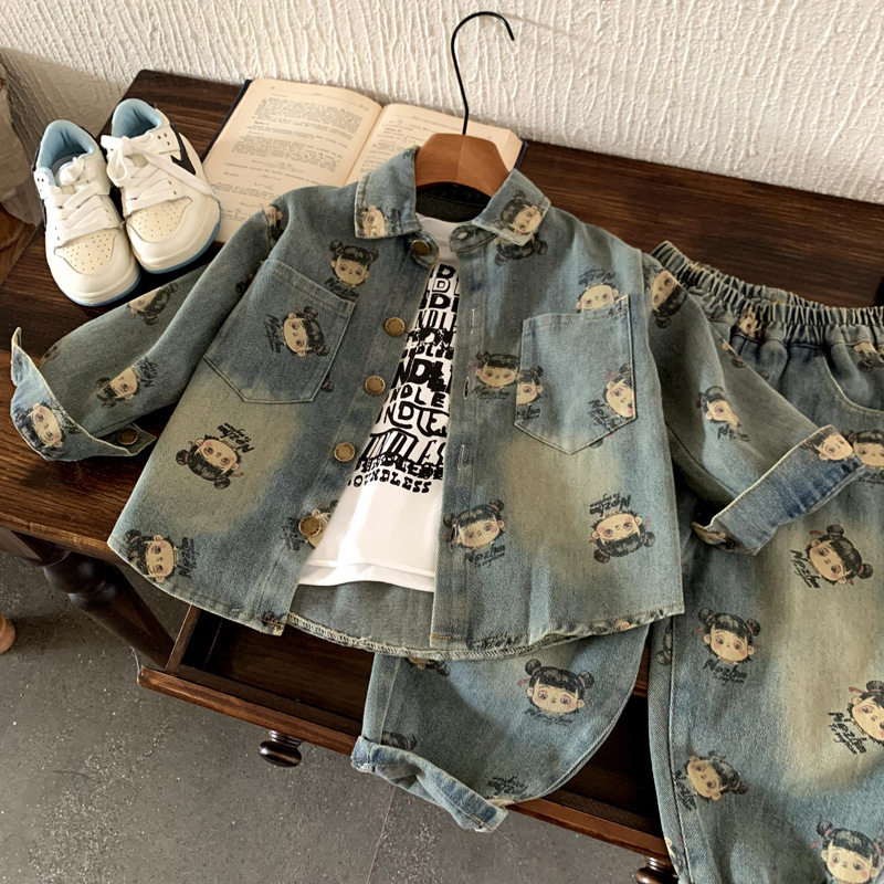男童套装哪吒2025儿童秋季新款牛仔套装女童卡通套装韩版两件套潮