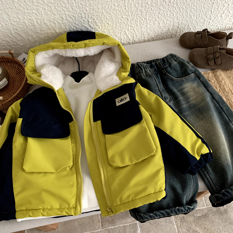 男童冬装新款拼色连帽加绒加厚派克服外套儿童痞帅洋气防风可机洗