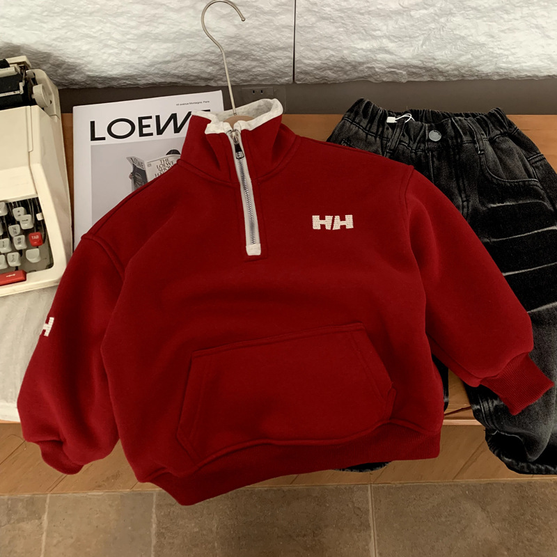 男童红色卫衣冬季儿童加绒加厚一体绒本命年衣服2025女童马年上衣