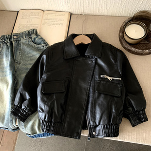 韩版 段潮牌拉链衫 外套男pu皮 上衣全码 儿童夹克春秋男女童2025新款