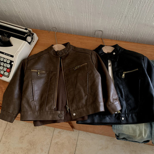 2025新款 男女童皮衣外套蛋白软皮上衣夹克帅气立领复古潮 儿童秋装