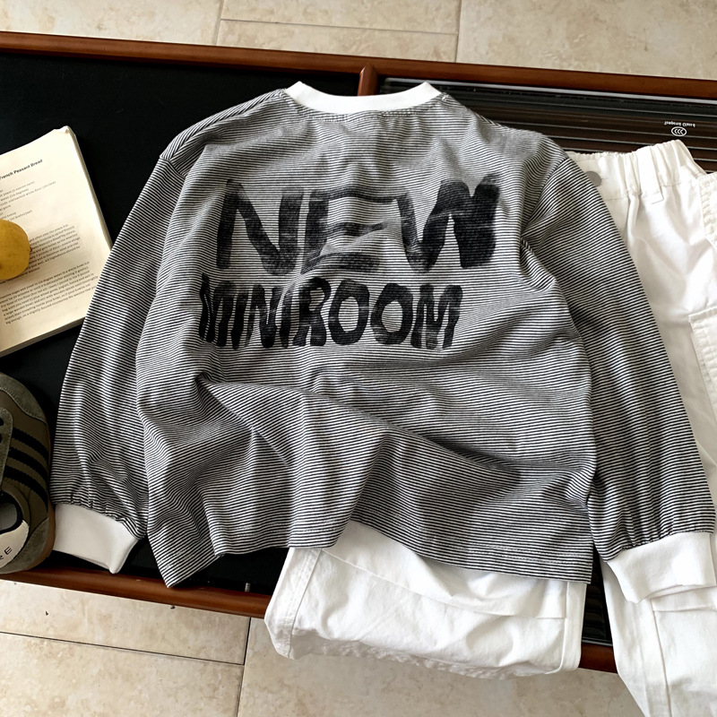 儿童长袖t恤男童条纹打底衫秋季薄款女童字母上衣宝宝内搭春秋款T