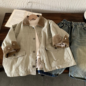 拼接复古时髦上衣 新款 做旧翻领外套2025年新款 撞色风衣男女童秋季