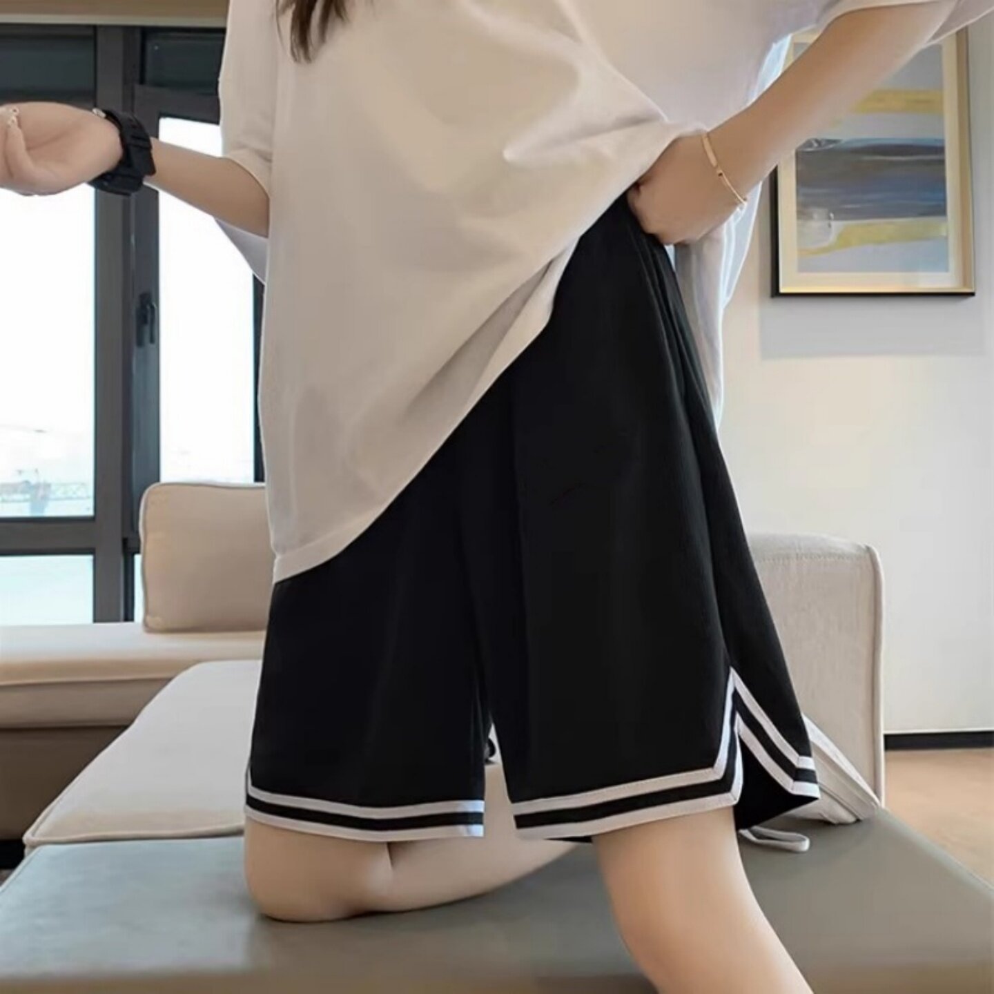 宽松到膝盖短裤女运动裤子体考田径训练跑步五分裤初三中学生夏季