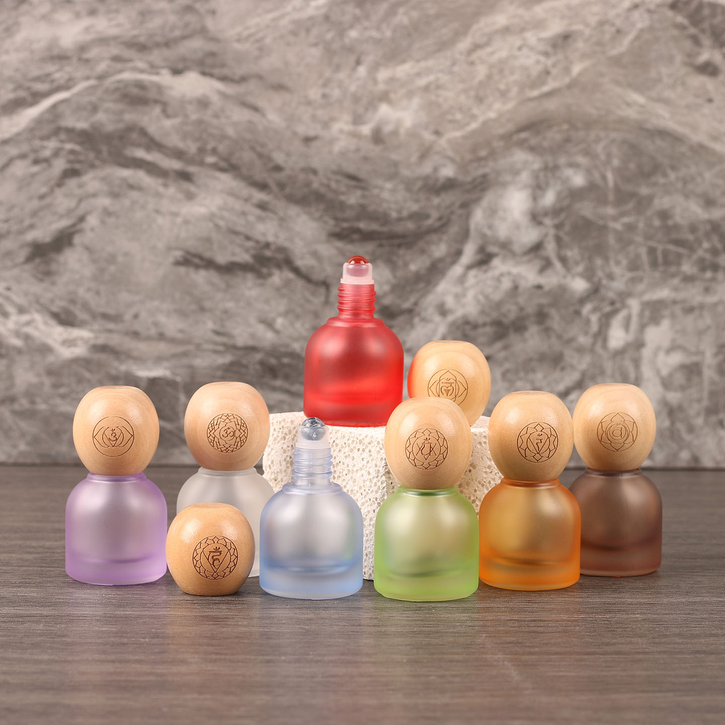 10ml七色磨砂玻璃玉石滚珠瓶桃木盖精油香水分装空瓶小物