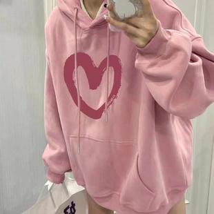 藕粉色爱心印花卫衣女士连帽秋冬加绒美式复古宽松慵懒风chic上衣