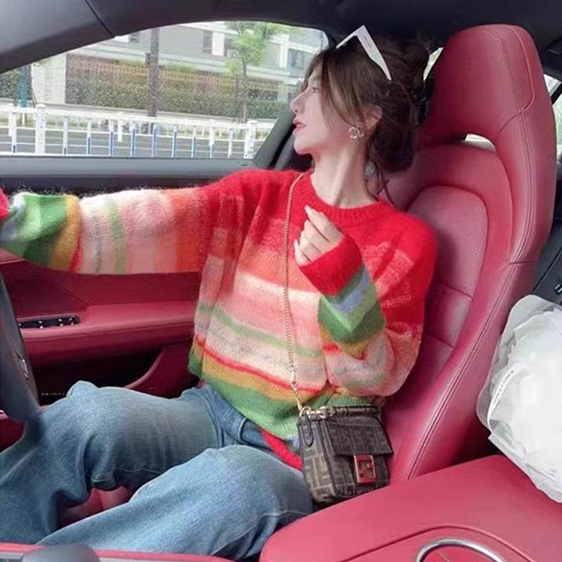 彩虹超好看马海毛穿搭毛衣针织衫女欧货2025秋冬季条纹新款温柔风,女装/女士精品,毛衣,淘宝优惠券,粉丝福利购,淘宝优惠卷