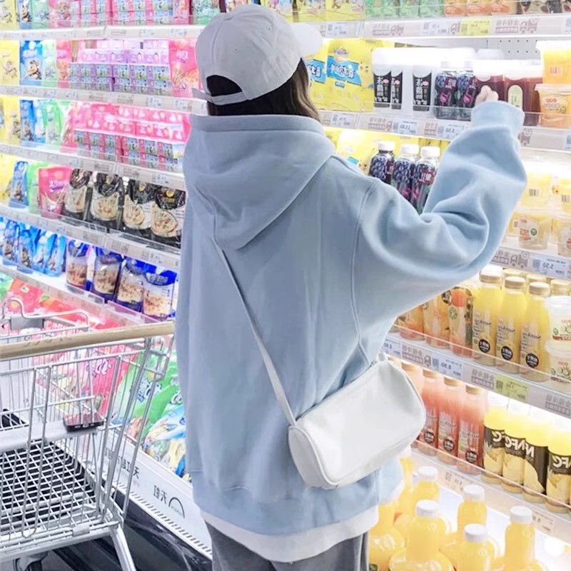 慵懒风蓝色连帽卫衣女新款