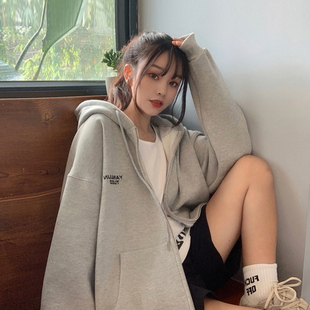 灰色春秋连帽卫衣女款2026新款爆款宽松开衫拉链中长款遮屁股上衣
