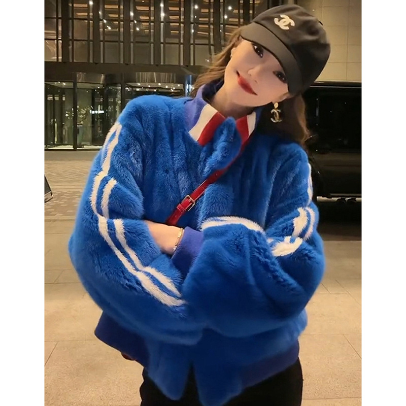 欧货蓝色棒球服羊羔毛外套卫衣女