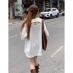 后背镂空小心机短袖白色t恤女2026新款爆款宽松中长款遮屁股上衣