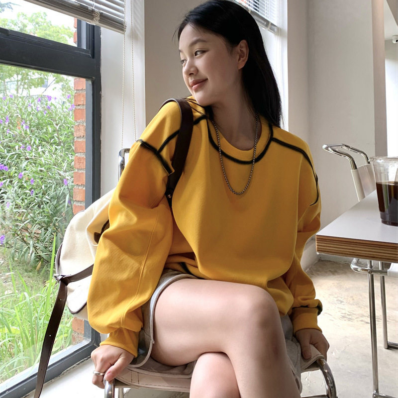 秋季新款宽松撞色中长款卫衣女