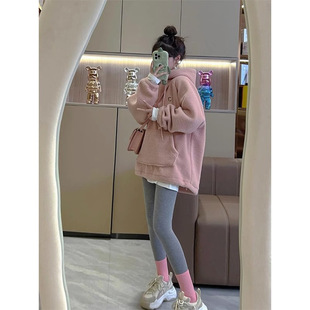粉色加绒连帽羊羔毛卫衣女款2025新款爆款宽松中长款小个子遮屁股