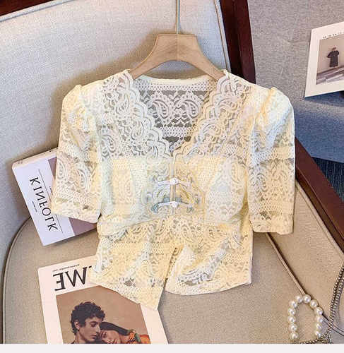 国风设计感开叉小衫短袖上衣