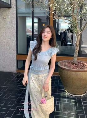 蓝色纯欲修身短袖t恤女夏季绑带荷叶边温柔韩系超漂亮绝美上衣