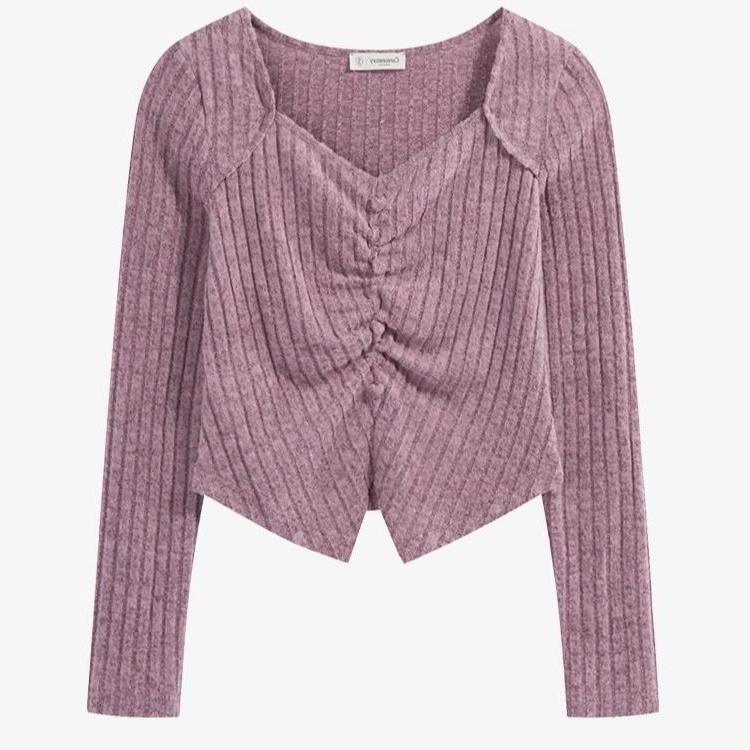 粉色v领褶皱长袖针织衫