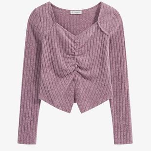 羊城故事纯欲风长袖t恤女早秋不规则捏褶修身百搭显瘦打底衫上衣