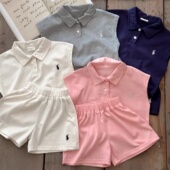 纯色小童POLO衫 夏男童短裤 潮牌宝宝T恤两件套女翻领 套装 儿童无袖