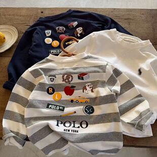 儿童长袖 宝宝小童纯棉内搭 T恤2026春男童潮牌卡通刺绣纯棉打底衫