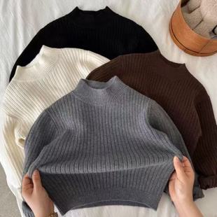 儿童针织衫男加绒加厚2025冬季新小童纯色上衣宝宝打底毛衣女保暖