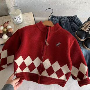 儿童过年毛衣男喜庆冬款小童新年针织开衫菱格宝宝红色外套女加厚