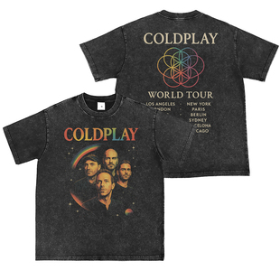 Coldplay乐队数码直喷水洗做旧复古灰美式街头朋克摇滚短袖T恤