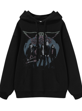 Aerosmith摇滚乐队人物印花枪花美式街头纯棉黑男女连帽圆领卫衣