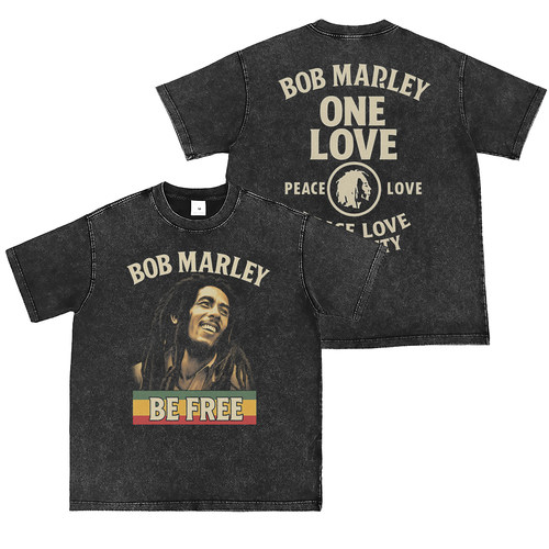 Bob Marley数码直喷水洗做旧复古灰美式街头朋克摇滚乐队短袖T恤