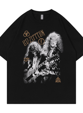 Led Zeppelin乐队复古美式街头vtg落肩宽松纯棉圆领摇滚短袖T恤衫