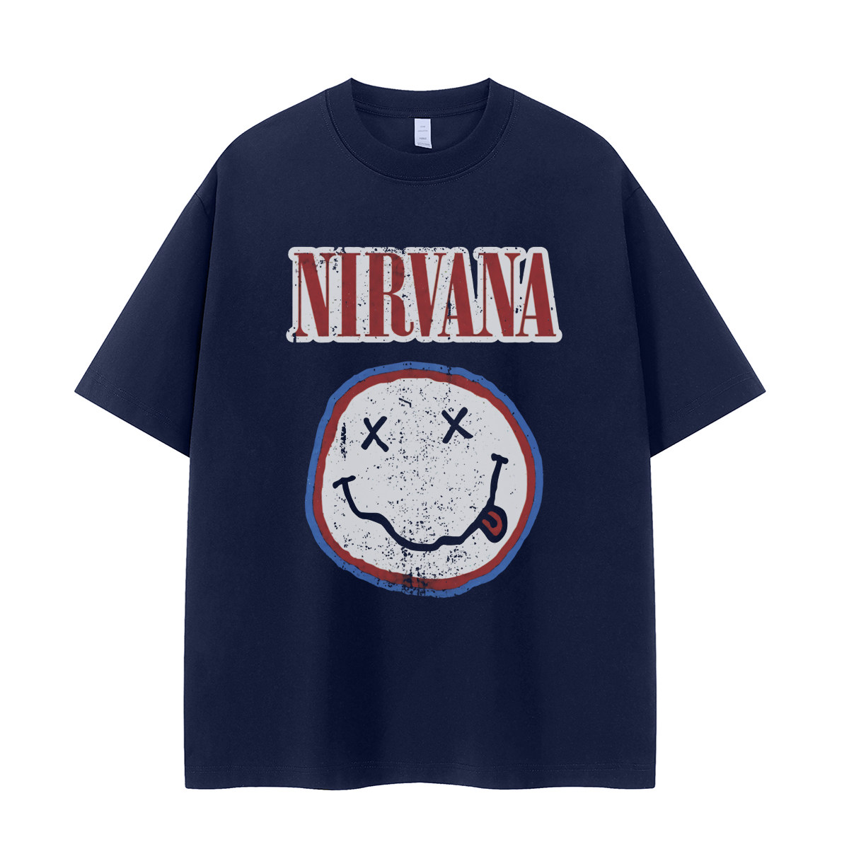 Nirvana涅槃乐队复古美式街头笑脸vtg落肩宽松纯棉摇滚短袖T恤衫