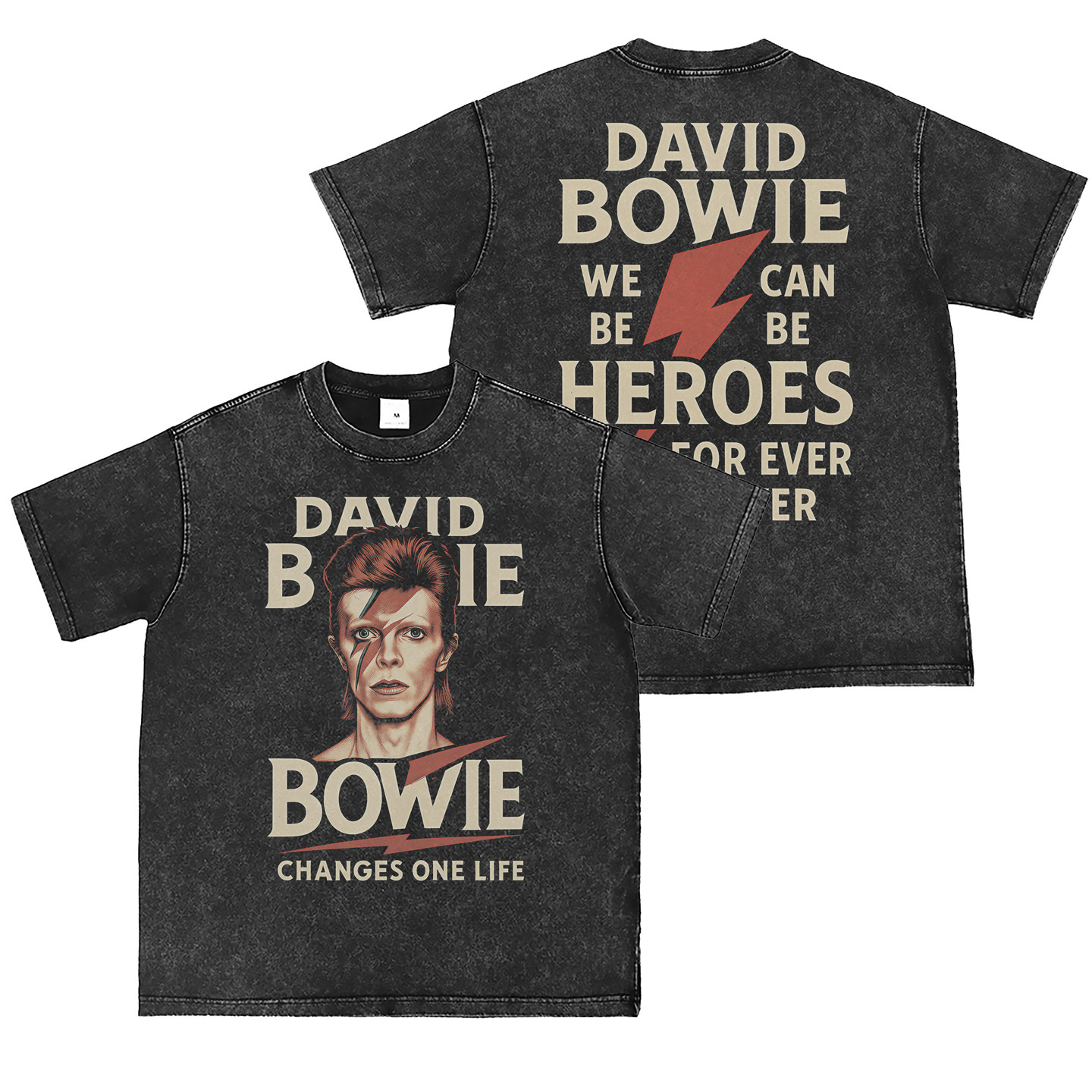 David Bowie直喷水洗做旧复古灰美式街头朋克摇滚乐队短袖T恤图片