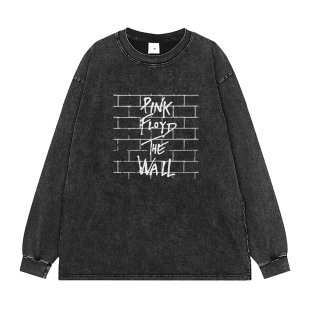T恤 街头摇滚落肩宽松长袖 Pink Floyd乐队迷墙水洗做旧灰复古美式