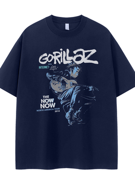 Gorillaz乐队复古美式街头嘻哈小众vtg落肩宽松纯棉摇滚短袖T恤衫